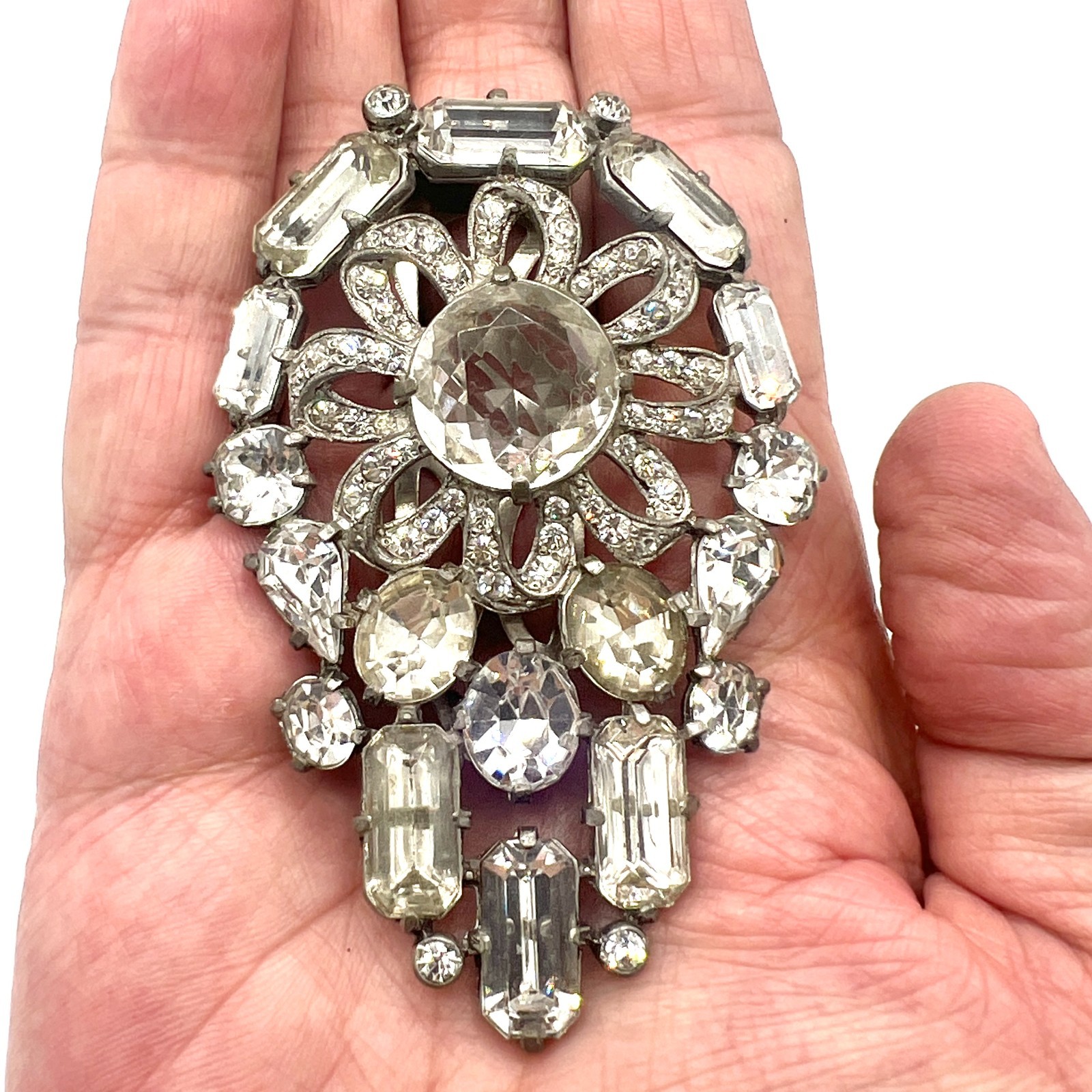 Vintage Eisenberg Original Signed Clear Rhinestone Dress Clip Art Deco Pot Metal