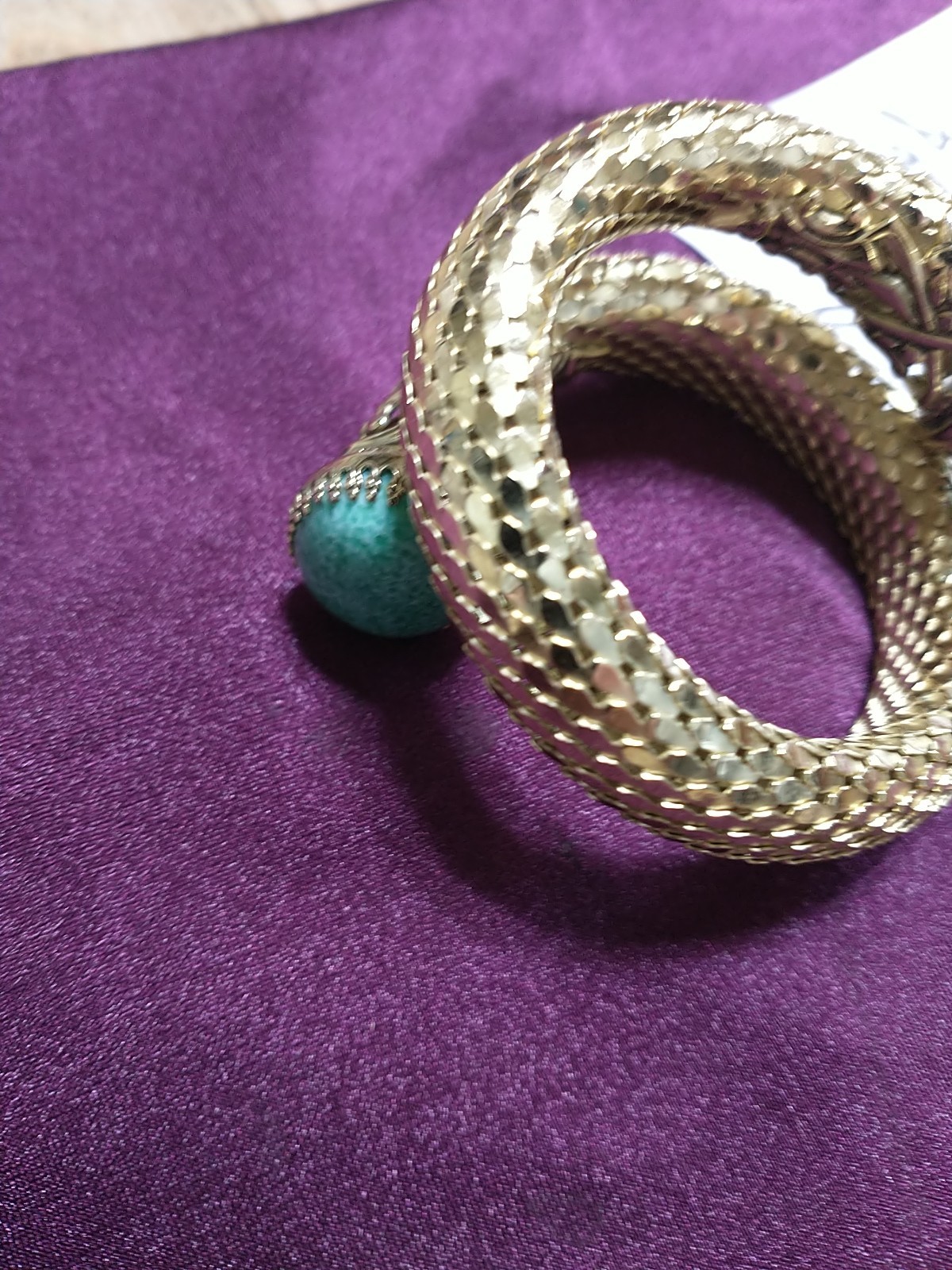 VINTAGE WHITING & DAVIS Mesh Snake Wrap Bracelet Green Peking Glass Cabochon