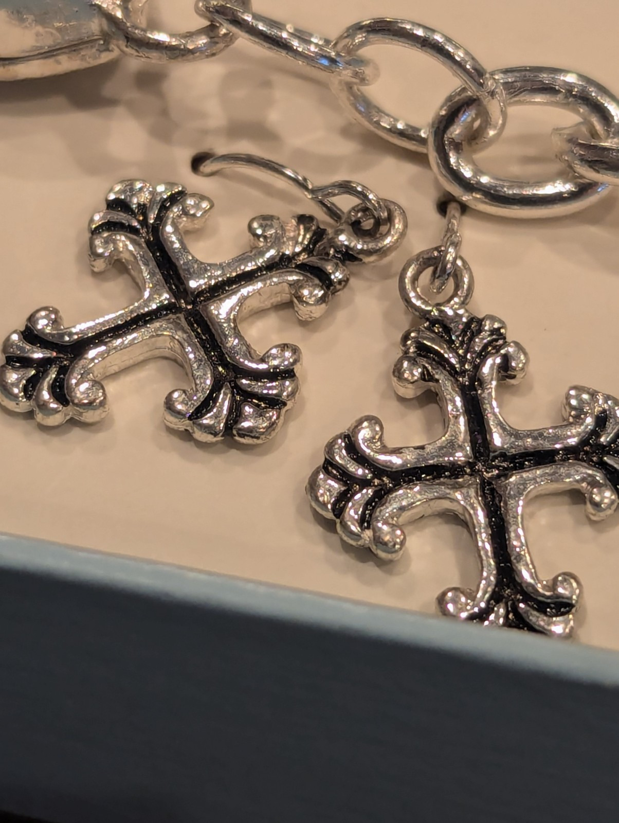 Vintage Religious Cross Charm Bracelet Set With Earrings, Nickel Free 7 1/2″
