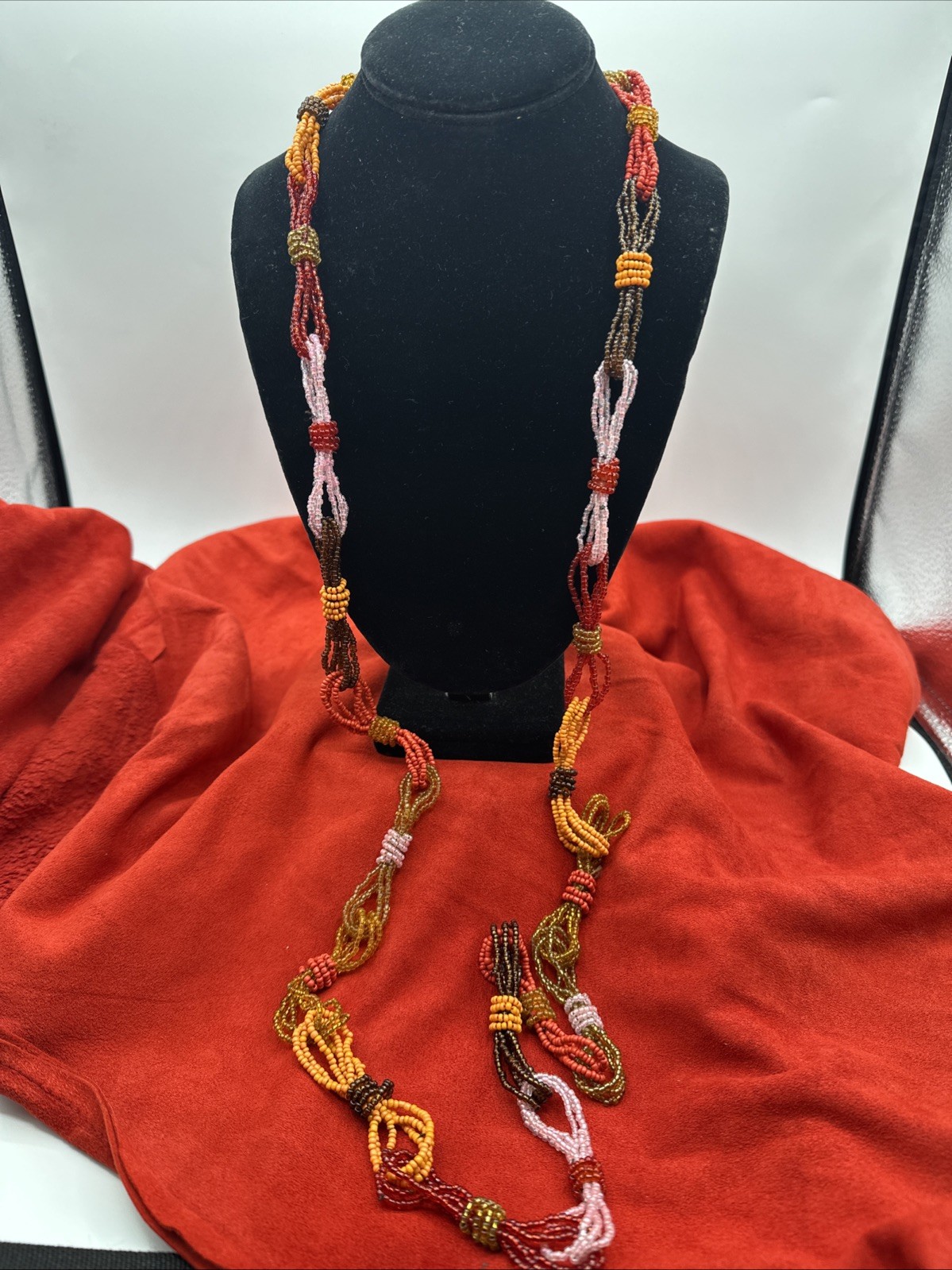 Vtg Sunset Palette Colors Hand beaded Long Necklace. See pics.