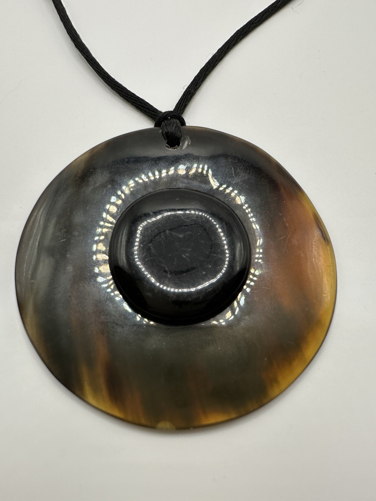 VTG Black String Necklace W/ Brown Acrylic? Lucite? Round Pendant 28” Adjustable