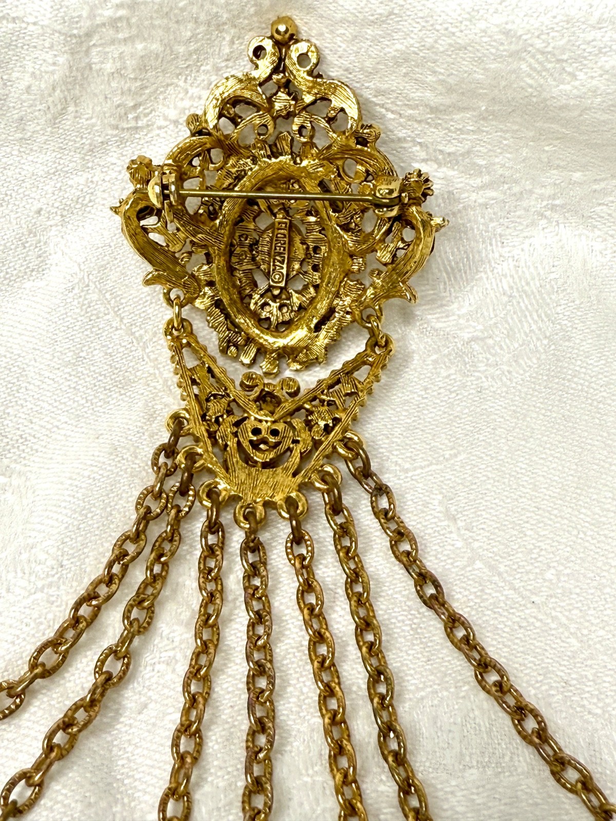 Vintage Florenza Filigree Brooch • Gold-Tone Fringe • Turquoise/Opalette
