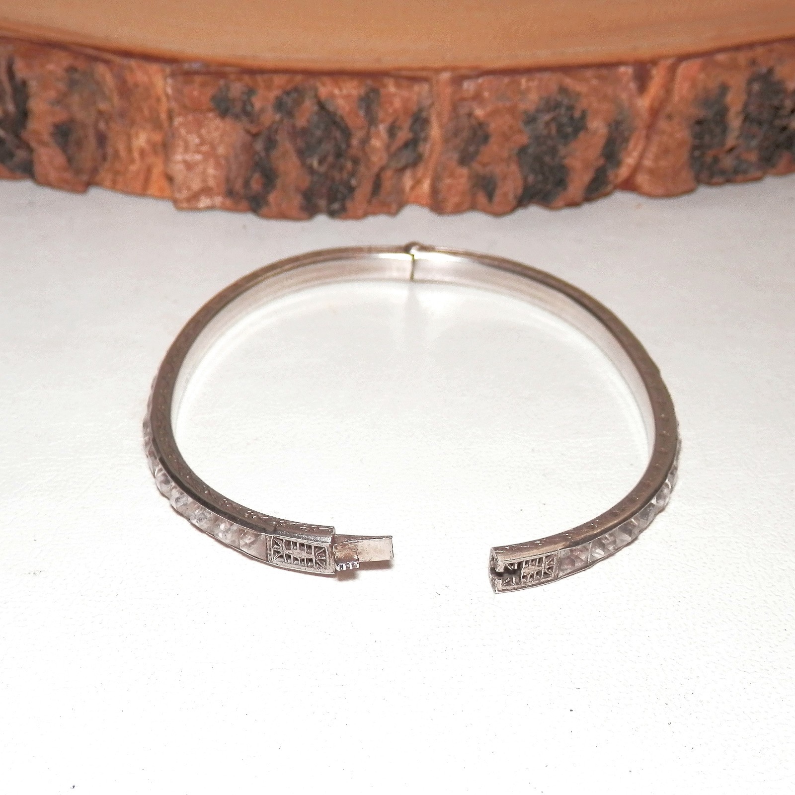 Art Deco Sterling Silver 925 Square Rhinestone Antique Hinged Bangle Bracelet