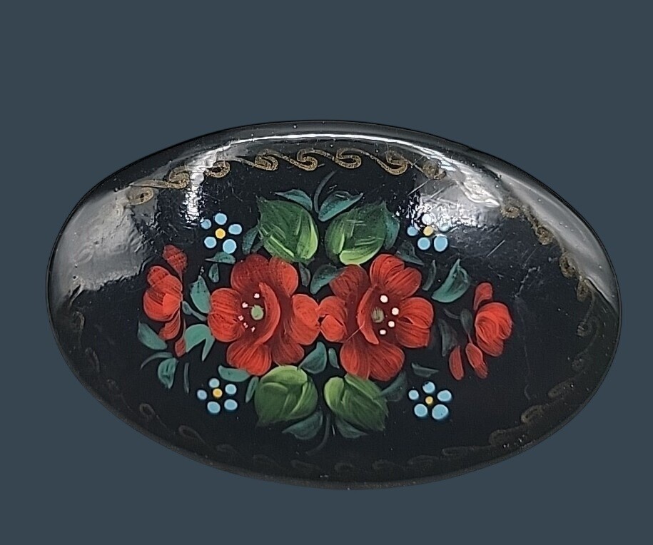 Vintage Traditional Hand Painted Russian Black Lacquer Red Floral Oval Brooch