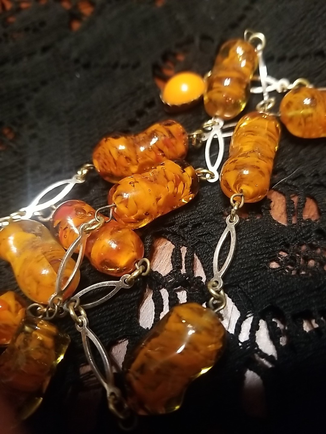 Venetian Antique Necklace, Italian Art Glass, 28″Sterling, Amber Colored, Signed