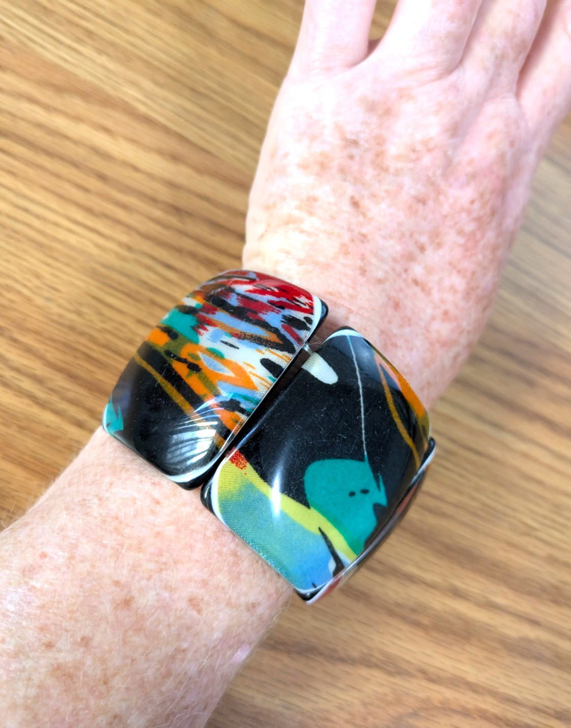 Vintage Lucite Panel Bracelet Red Orange Blue Green Pop Art Resin Acrylic