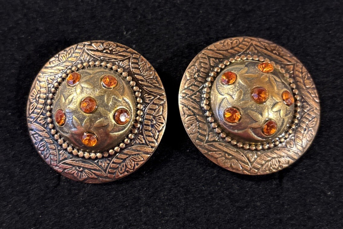 Vintage 1980s Orange Rhinestone Dome Statement Clip On Earrings Runway