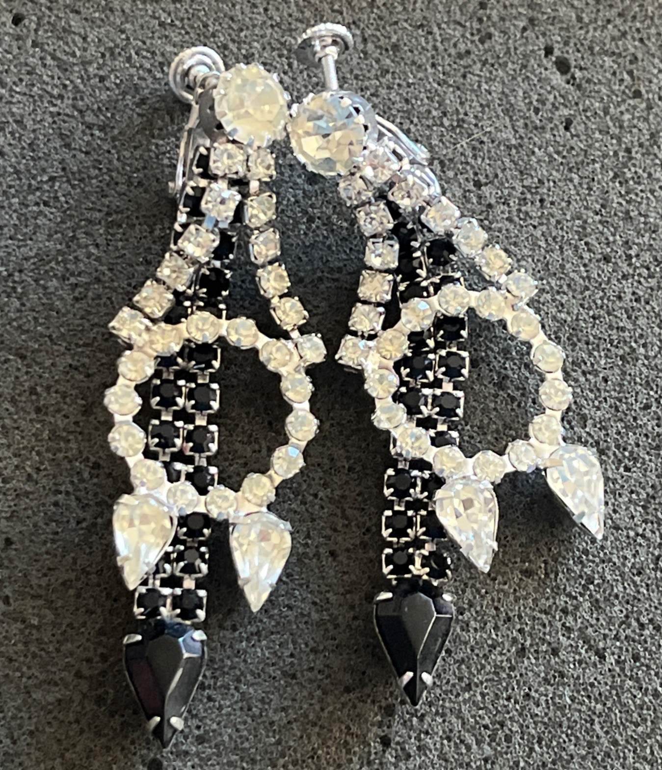 Vintage Signed HOBE Dangle Clear & Black Rhinestone Earrings Costume Jewelry