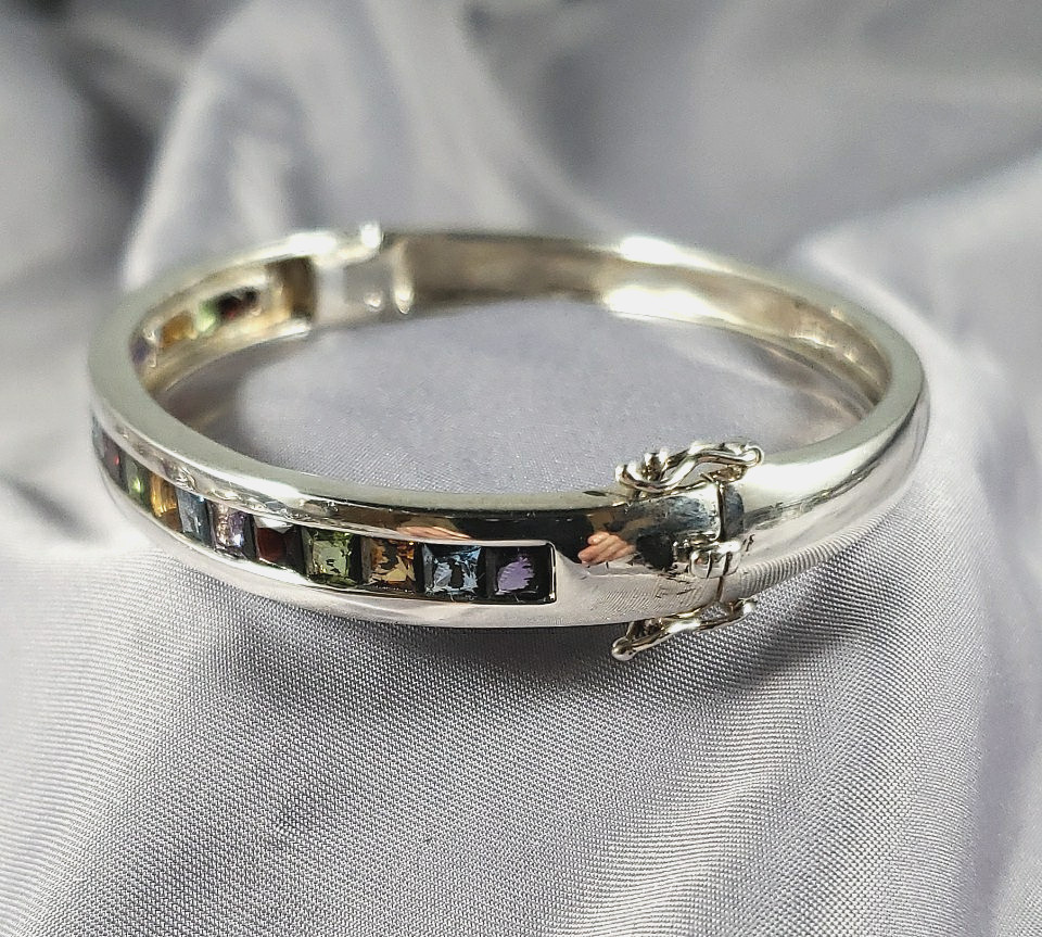 STERLING SILVER HINGED Bangle BRACELET MULTI-COLOR GEMSTONES Size 7″
