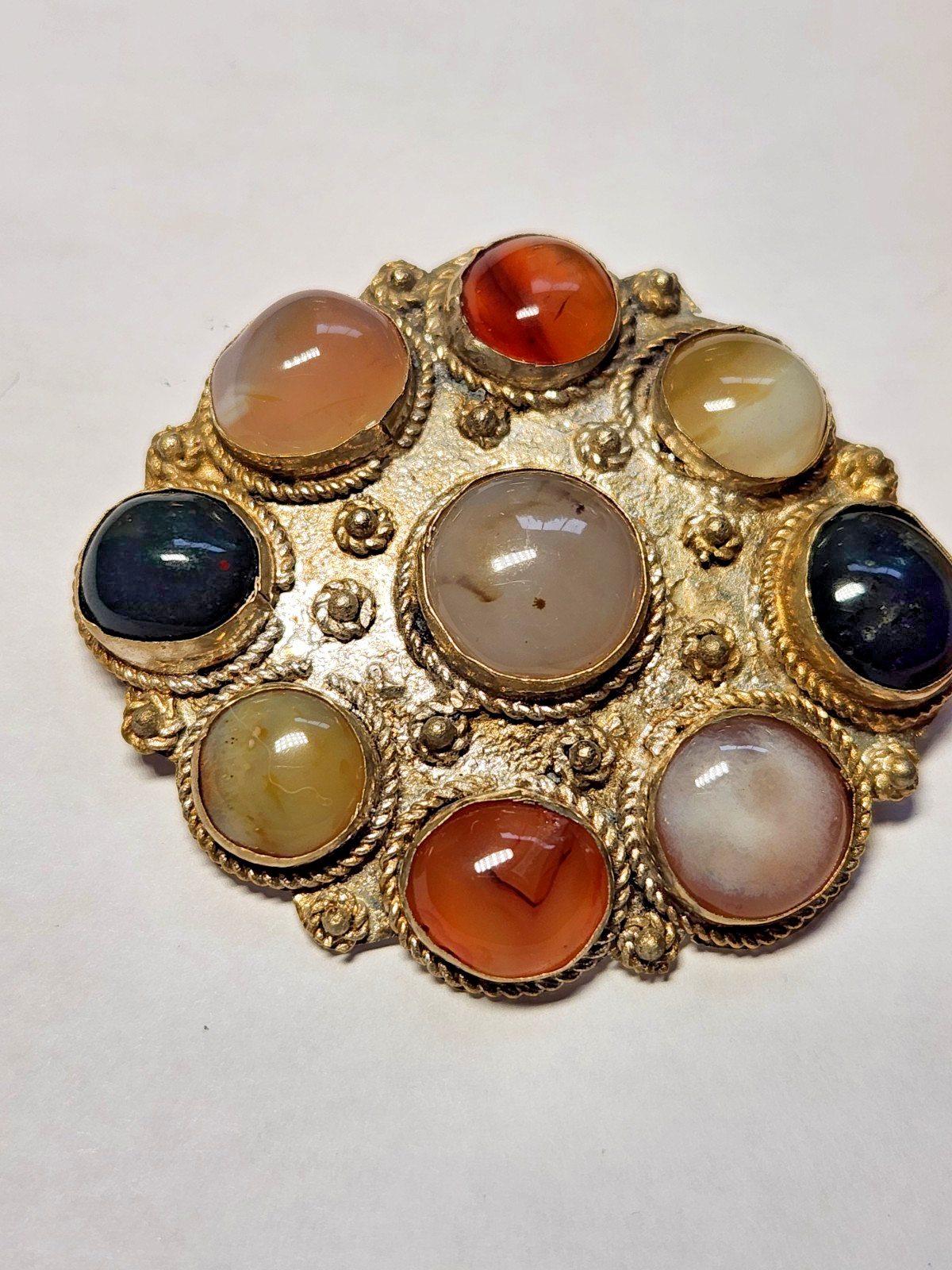 Vintage India Multi Stone Agate Cluster Brooch Pendant Handcrafted C-Clasp