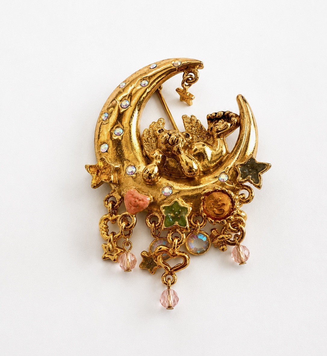 Vintage Kirks Folly Angel Cherub Moon & Stars Crystal Gold Tone Brooch Pin 2.5″