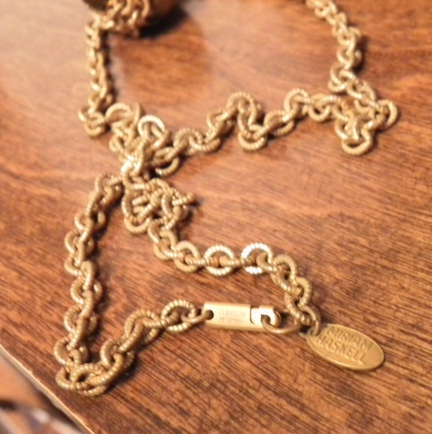 Vintage Miriam Haskell Necklace Gold Tone Chain with Tiger Eye Pendent 24″ Long