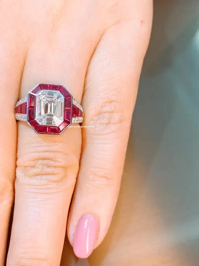 Art Deco Style 4Ct Emerald Moissanite Halo Ruby Wedding 14K White Gold Finish