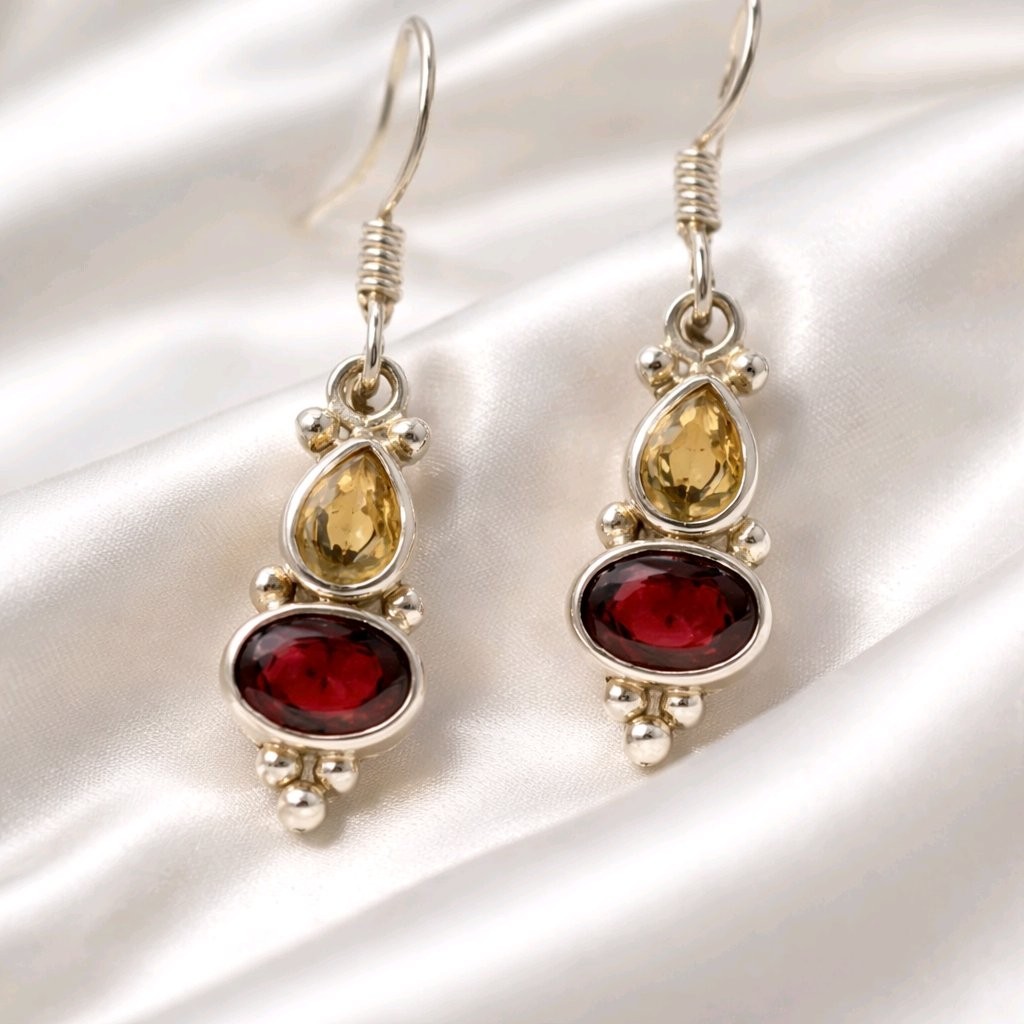Garnet Earring Sterling Silver Citrine Drop Dangle Boho Multi Stone 925