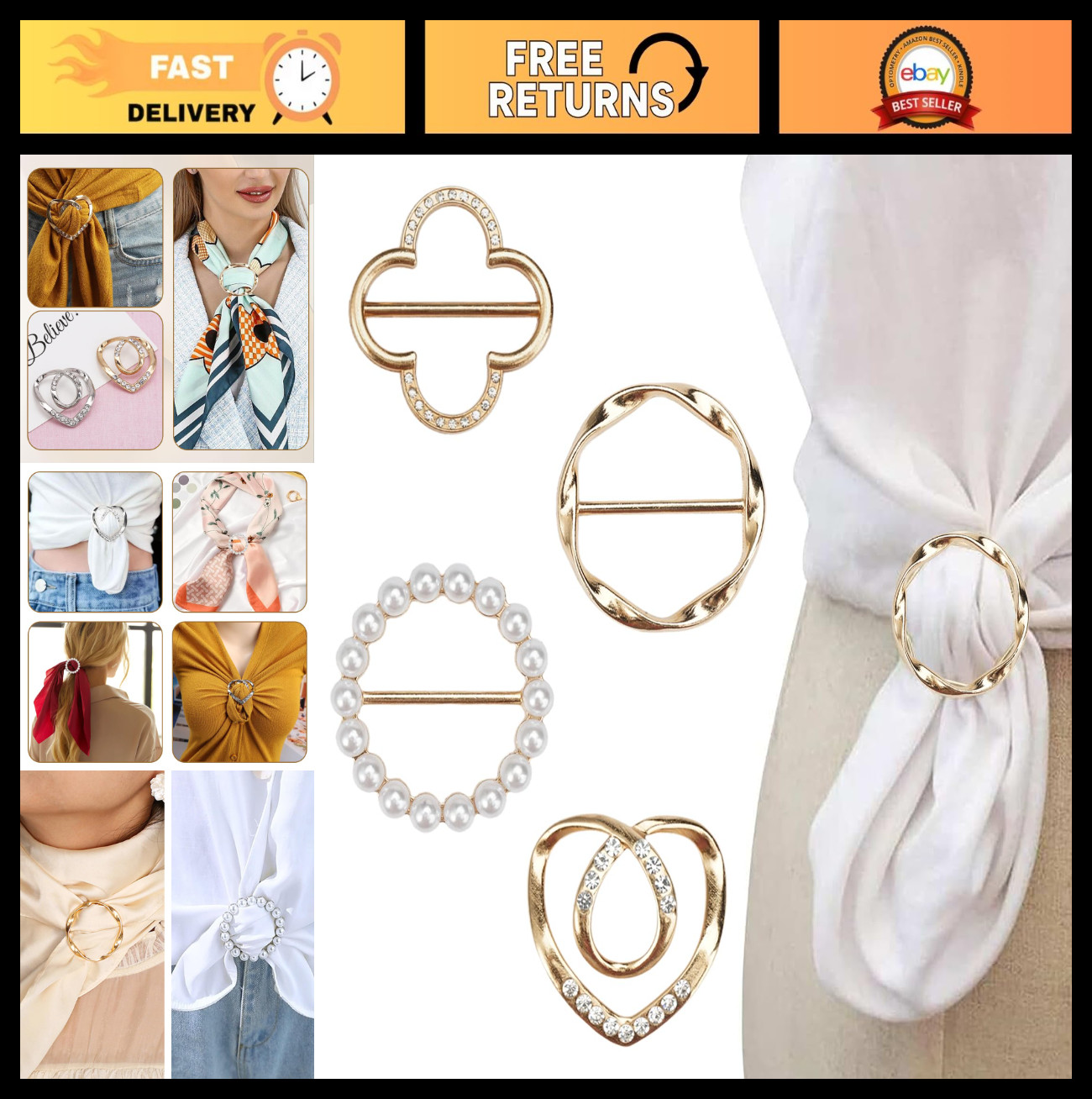 4PCS Metal Scarf Ring Clips – T-Shirt Tie Clips for Women, Fashion Shirt Buckle