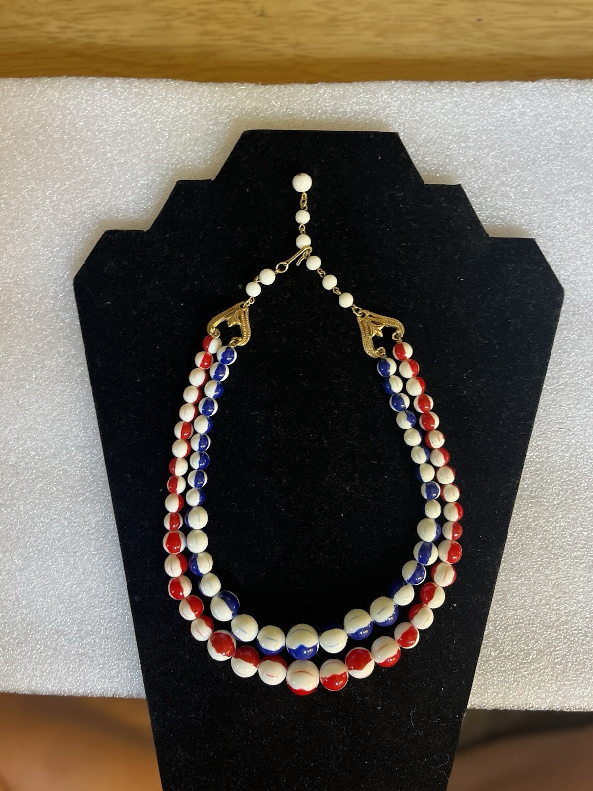 RARE Vntg Signed FLORENZA Red White & Blue Patriotic Enamel DBL Strand Necklace