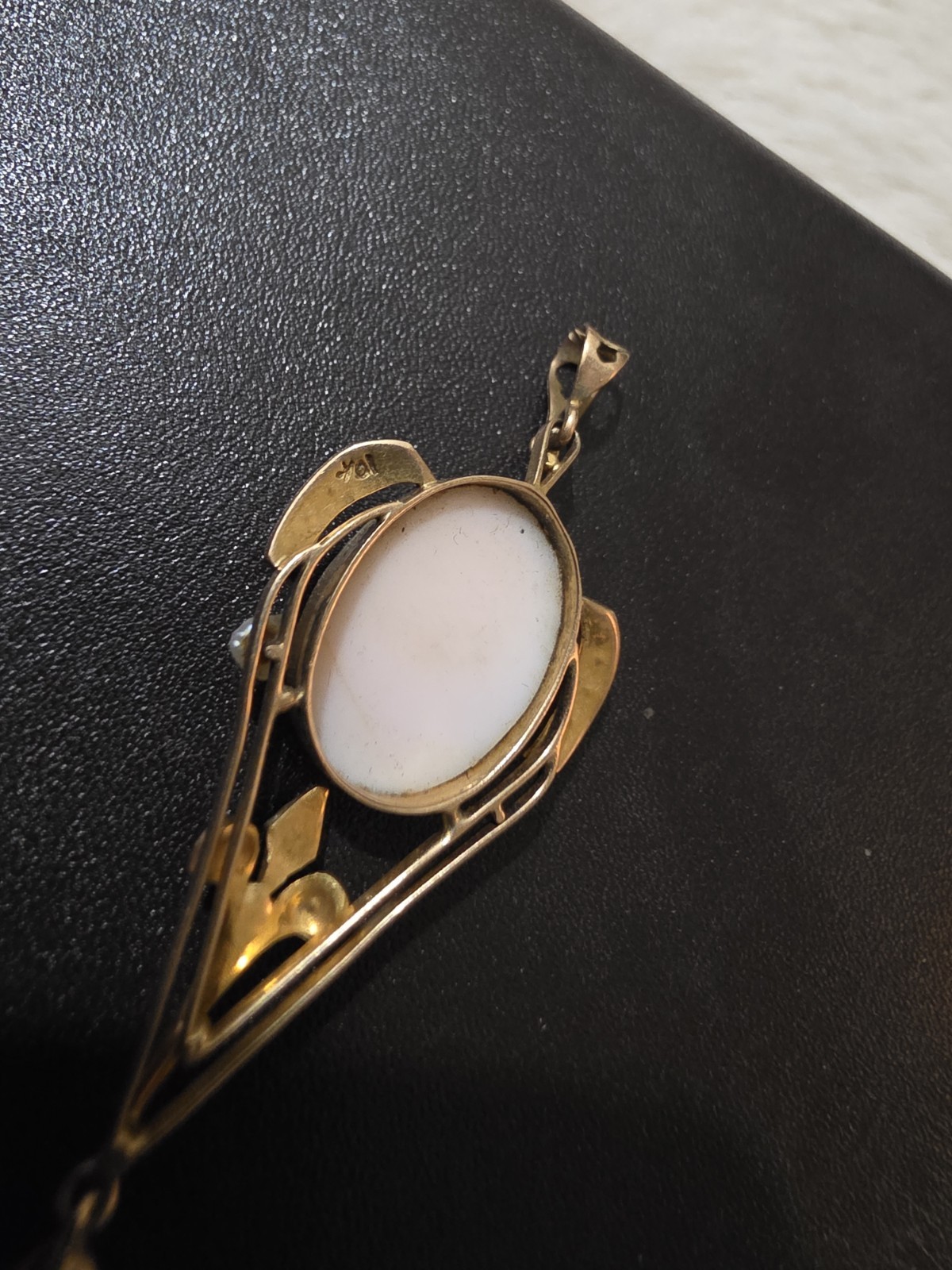 Antique 10k Gold Lavalier Pendant Art Nouveau Deco Cameo & Pearl