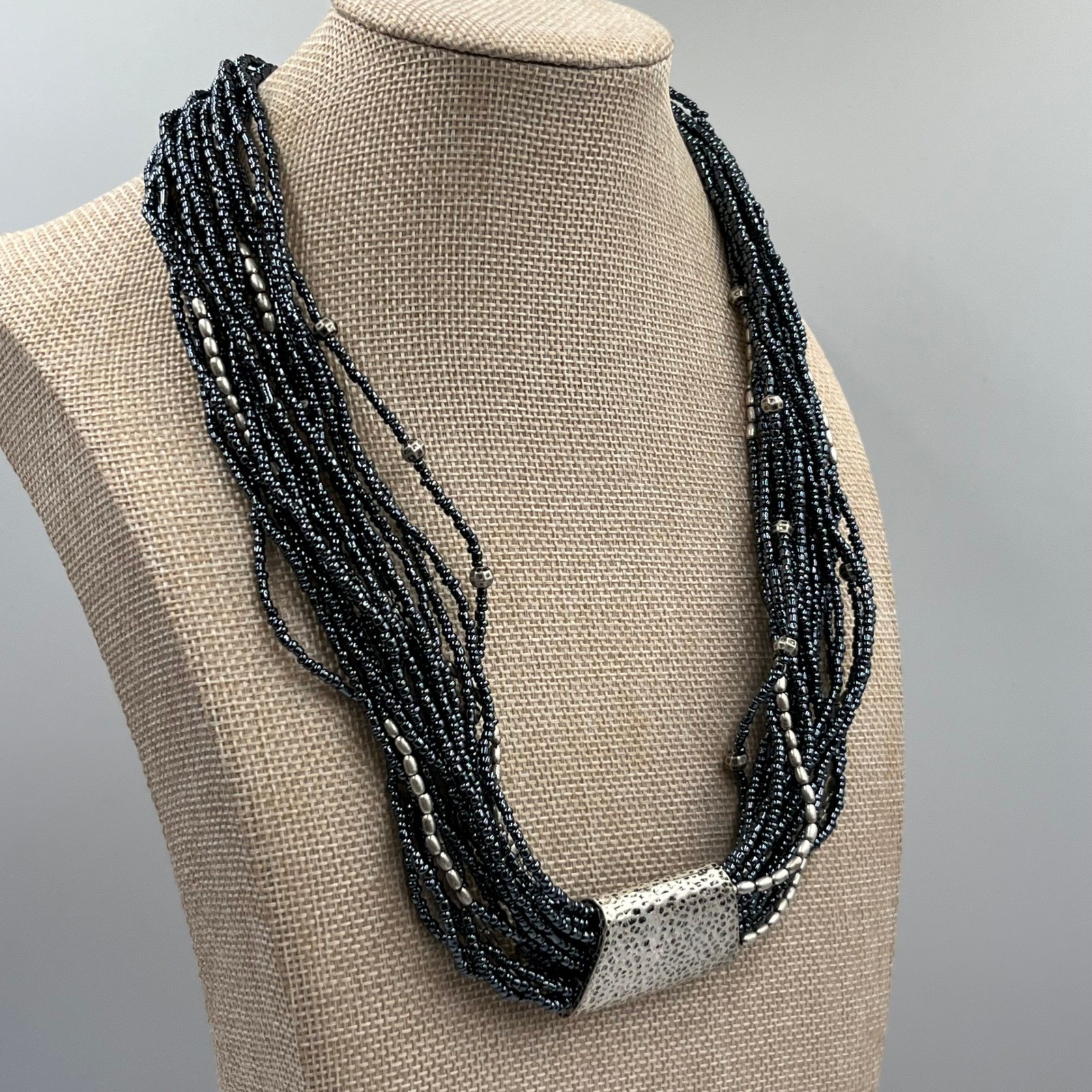 Coldwater Creek Multi-Strand Seed Bead Necklace Silver Tone Hammer Slide Accent