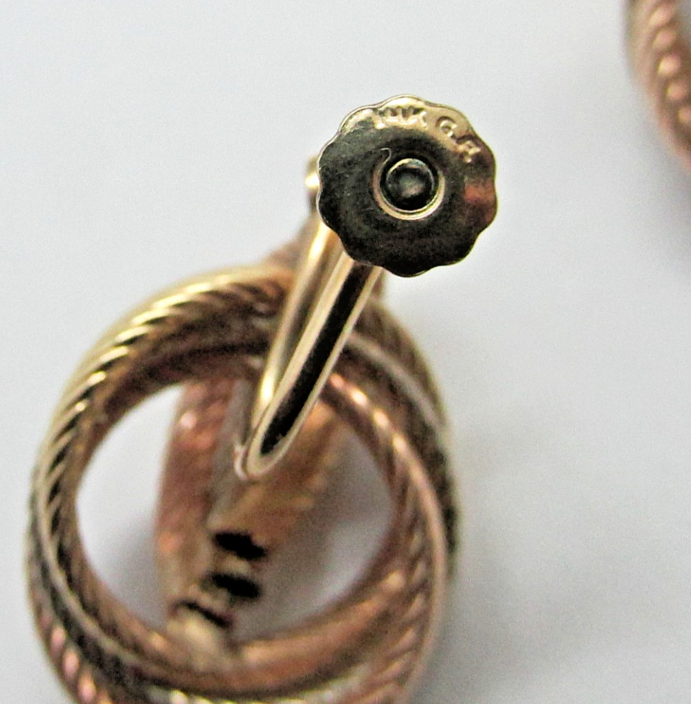 14K Gold Filled Tri Tone Knot Screw Back Earrings Classic Style 1″ -5.8 Grams