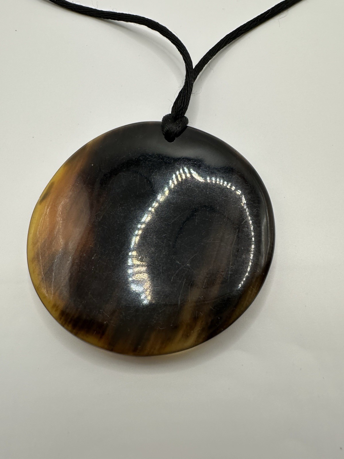 VTG Black String Necklace W/ Brown Acrylic? Lucite? Round Pendant 28” Adjustable