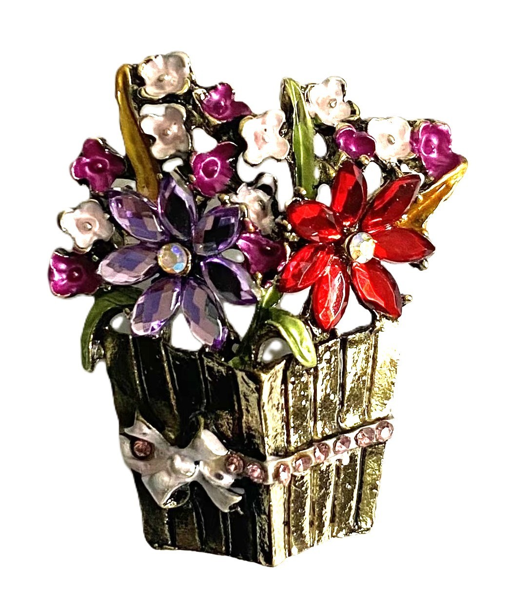 FLOWER BASKET BROOCH! Enameled & Sparkling Multicolor Crystals. Ribbon & Bow!