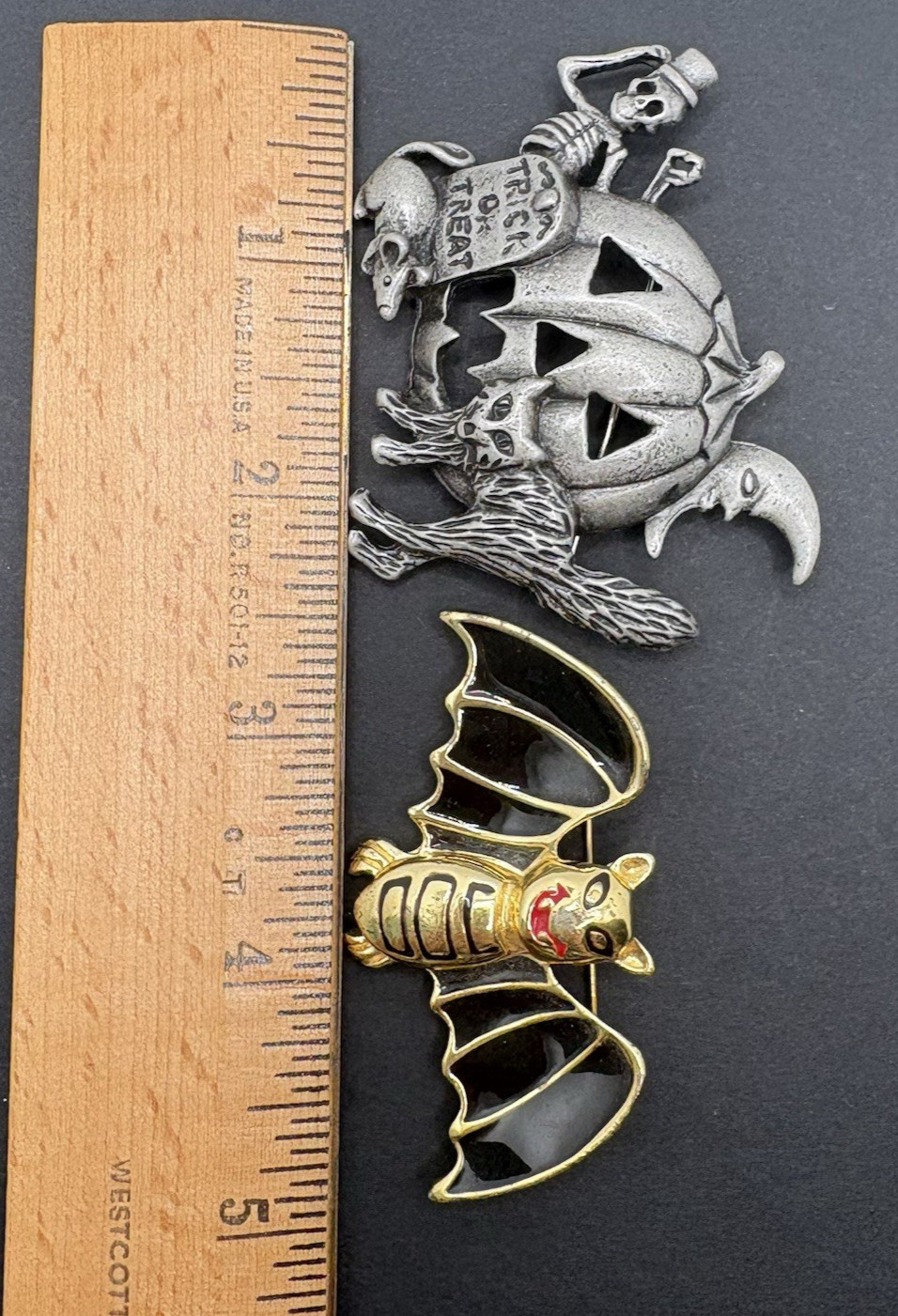 Vintage Lot of 2 Halloween Bat Brooches Pumpkin Skeleton Cat AJC Unsigned