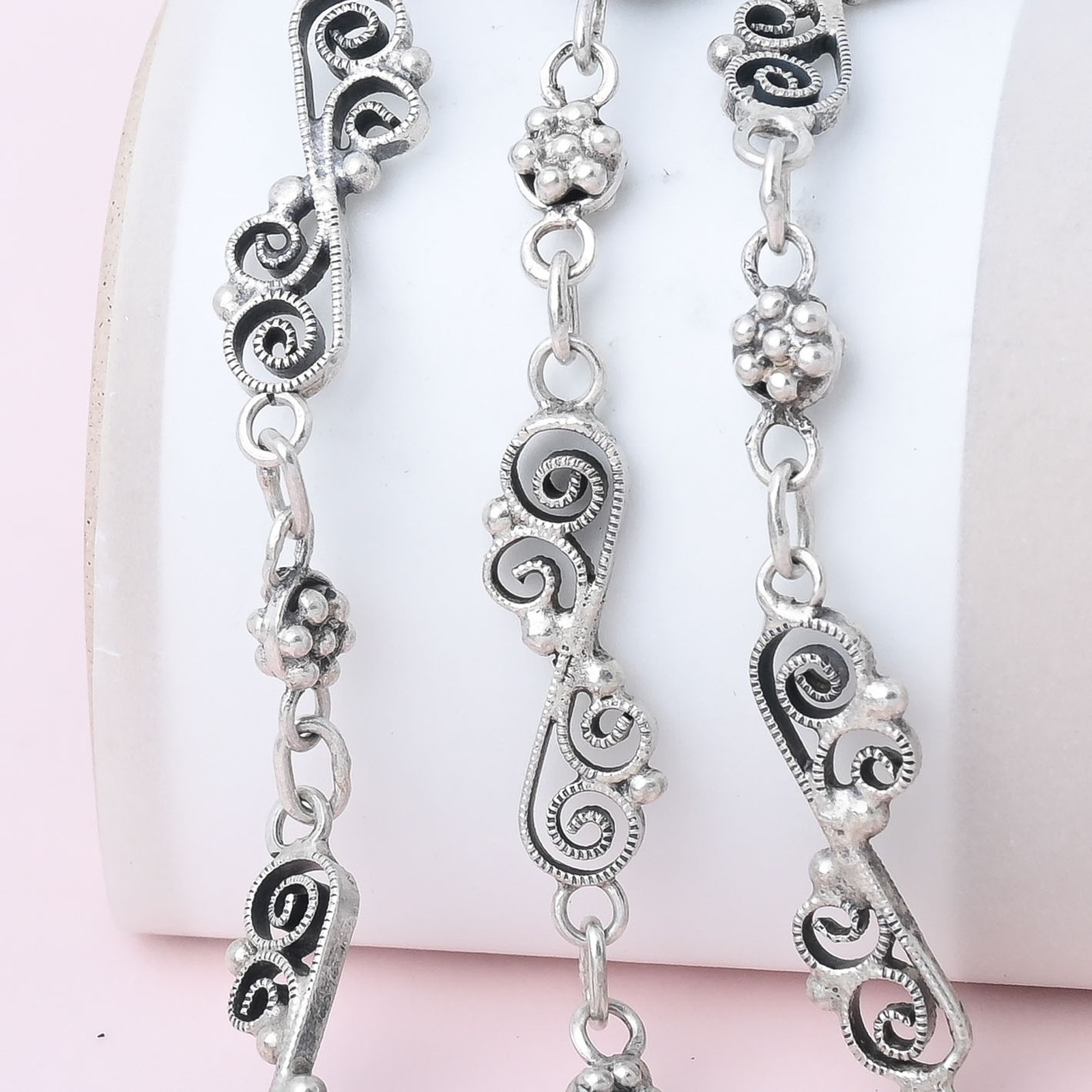 Antique Edwardian Millegrain Filigree Flower Sterling Silver 40″ Chain Necklace