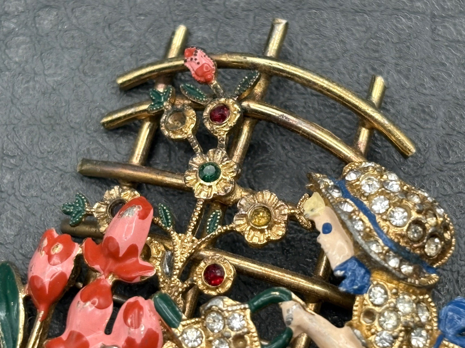 VTG Mistress Mary Enamel Rhinestone Girl Watering Flowers Pot Metal Pin Brooch