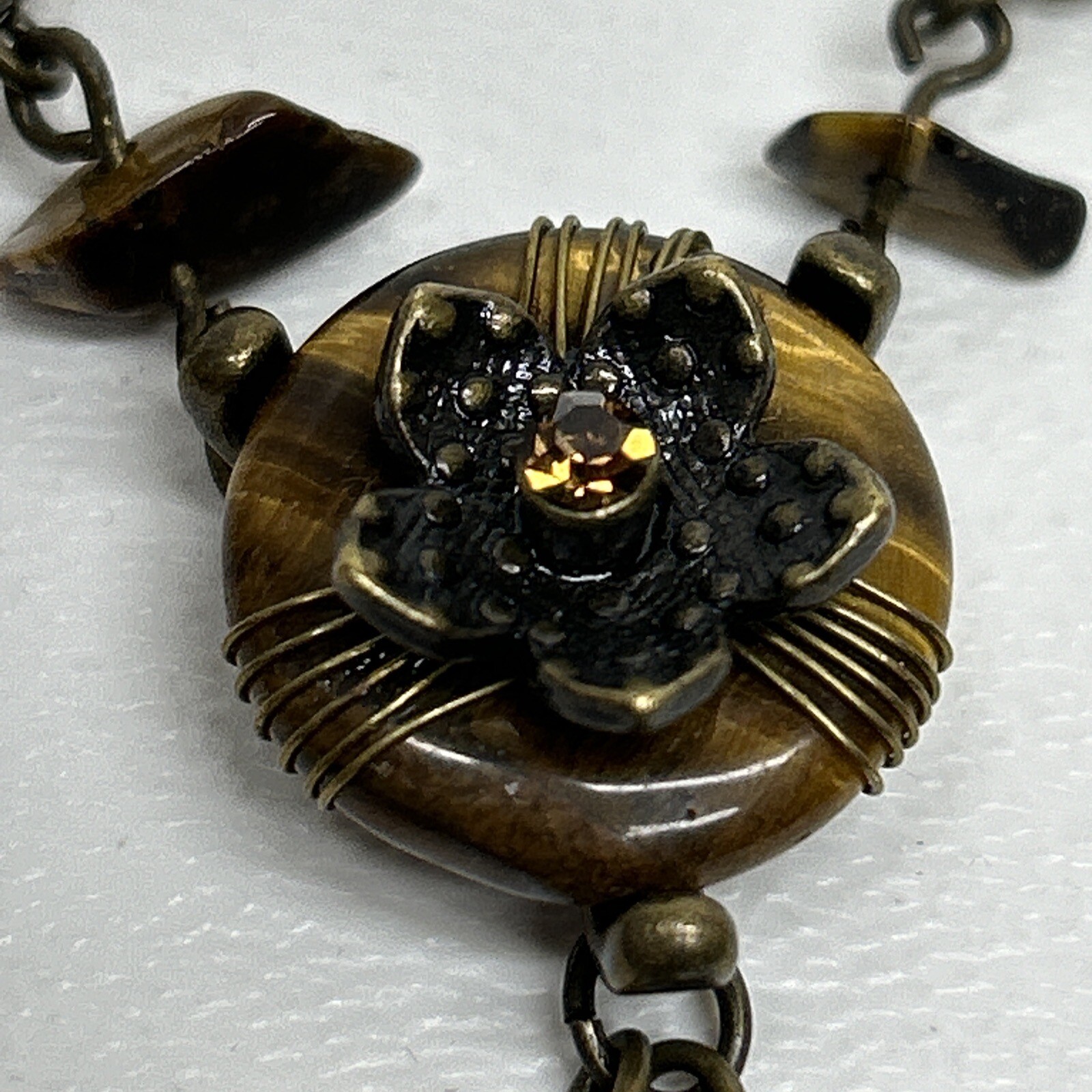 Signed N A Necklace, Single Rhinestone Flower Centerpiece