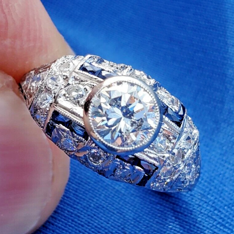 Original EARTH MINED DIAMOND Deco Engagement Ring Platinum Sapphire Solitaire 6