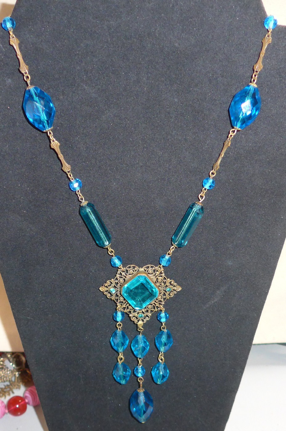 Vtg Czech Czechoslovakia Art Deco Blue Glass Crystal Brass Necklace 18″