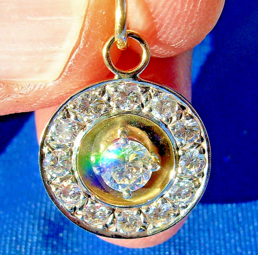 Original EARTH MINED DIAMOND Deco Pendant Vintage Halo SOLID 14K GOLD Medallion