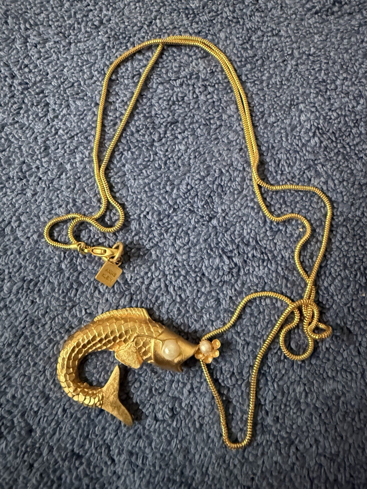 Vintage 1990s Anne Klein Necklace Matte Gold Tone Koi Fish With Pearl Eye & Mout