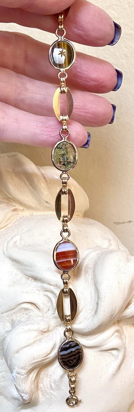 LOVELY Vintage Gold-Filled Agate, Unakite, Etc. Egyptian Scarab Bracelet