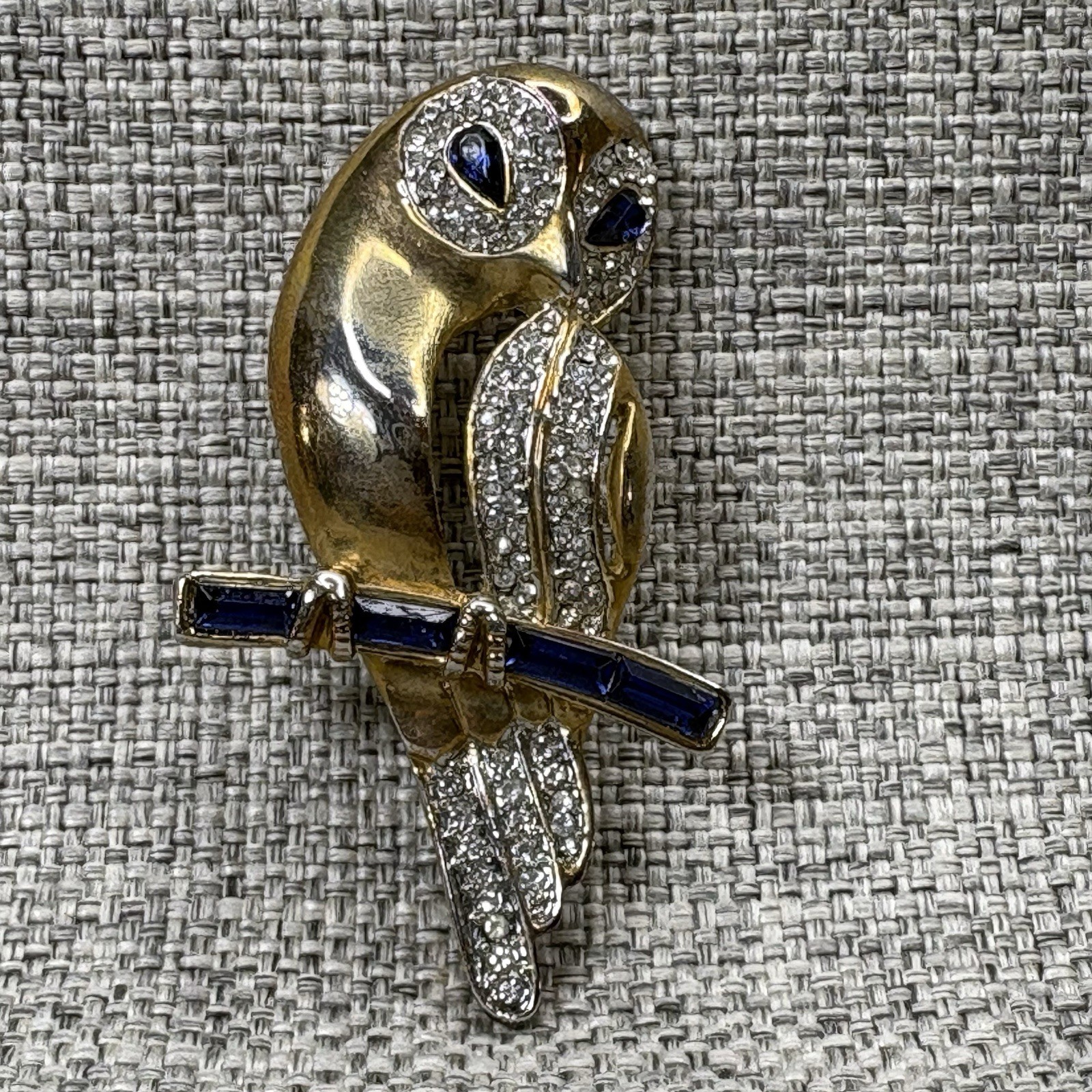 Vintage Gold Tone Owl Brooch Blue Baguette Eyes Rhinestone Pave Figural Pin