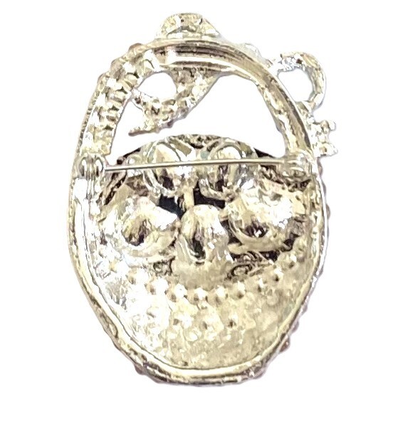 ADORABLE PINK EASTER EGG BASKET BROOCH! Cute Spring, Easter Fun. Silver Tone.