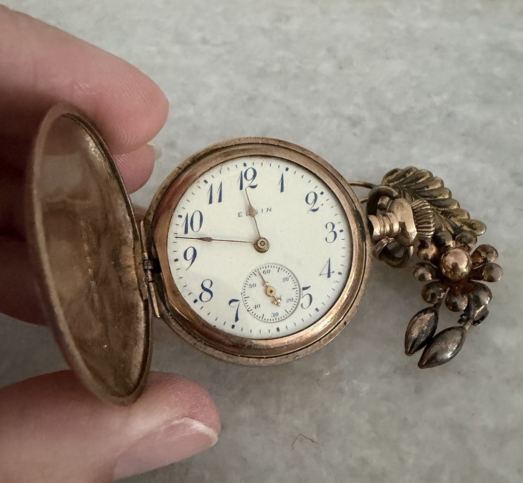 Vintage Gold Filled Elgin Scrolled Flower Works Pocket Watch On Pin Brooch