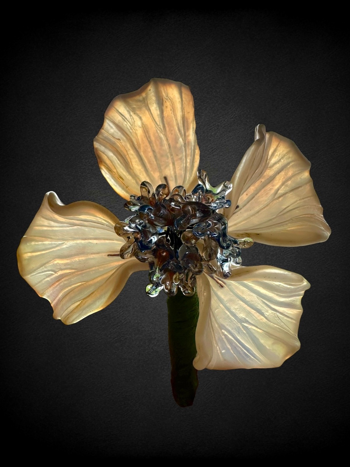Large French Studio Art Glass Orchid Flower Brooch Opalescent Petals Lampwork