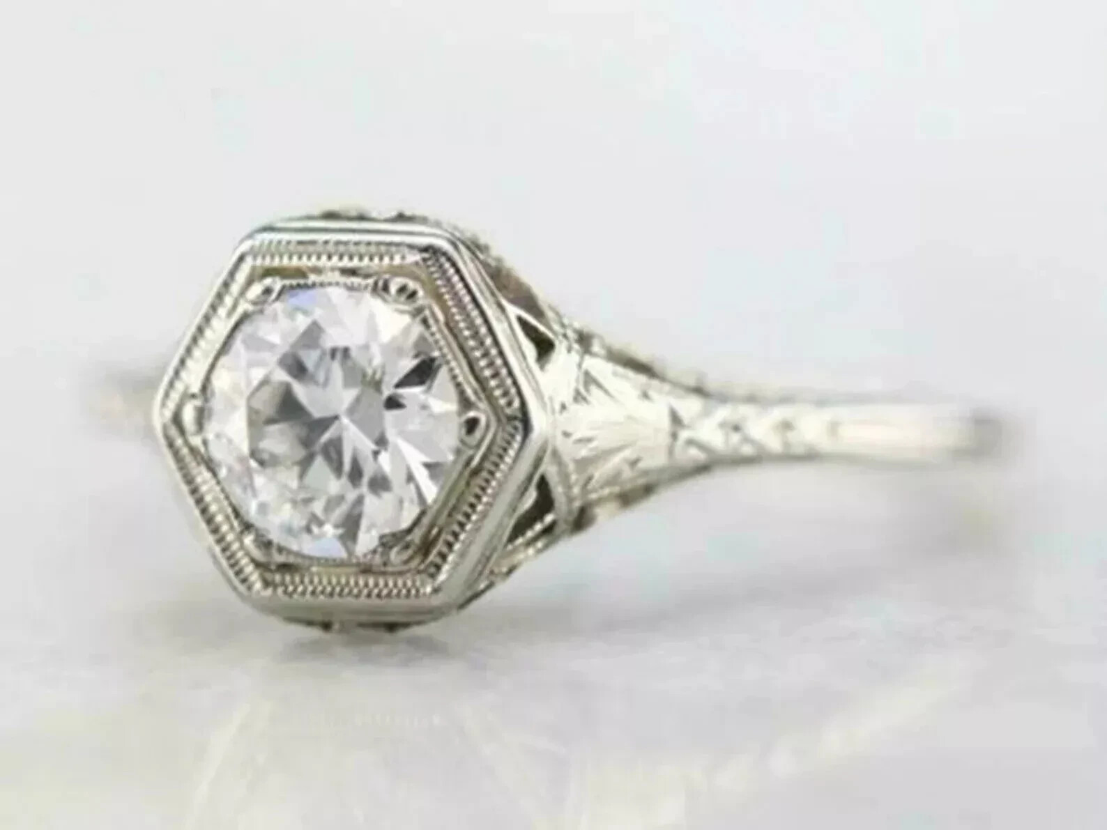 Vintage Art Deco 1Ct Round Lab Created Diamond 14K White Gold FN Engagement Ring