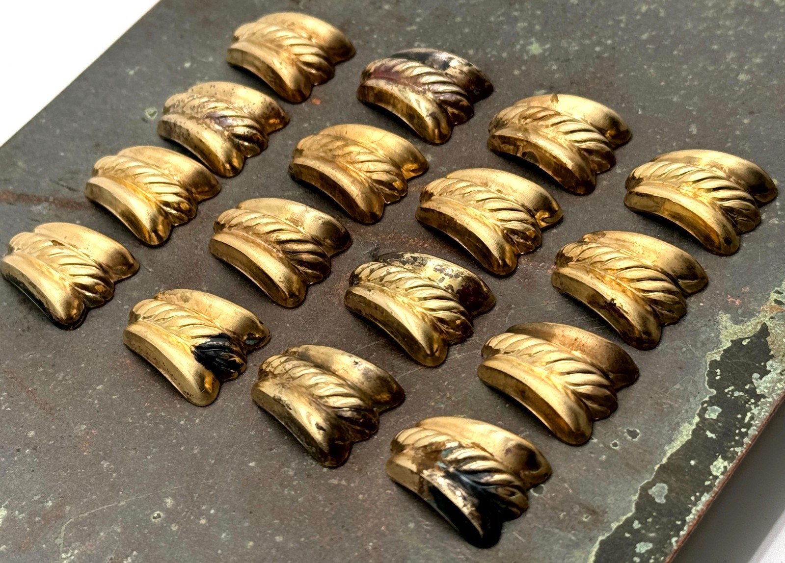 Lot of 16 Vintage Brass Shield Stampings – 24mm Textured Gold Findings