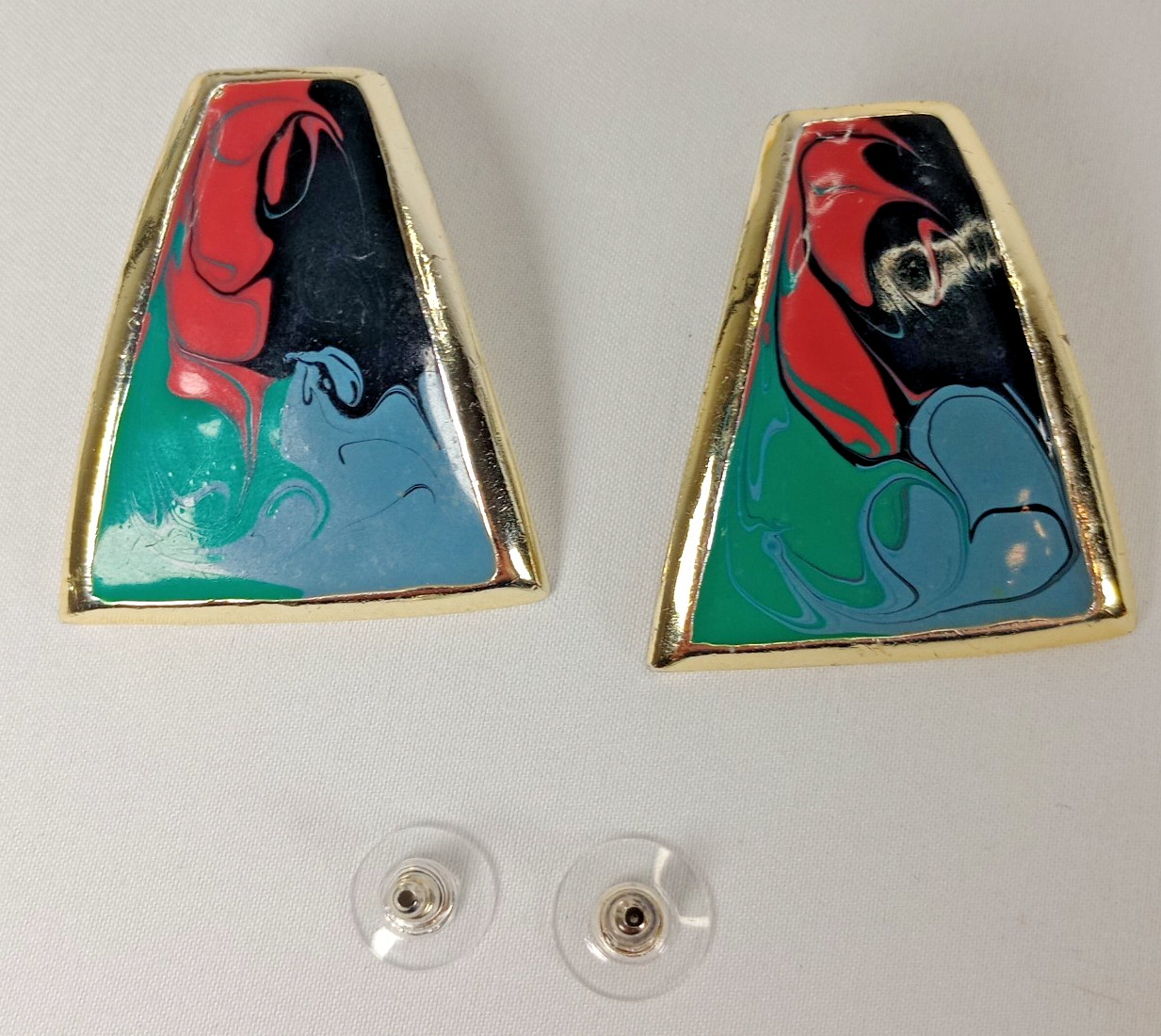 Vintage Silver Tone Abstract Enamel Stud Earrings Green Coral Black 1.5″