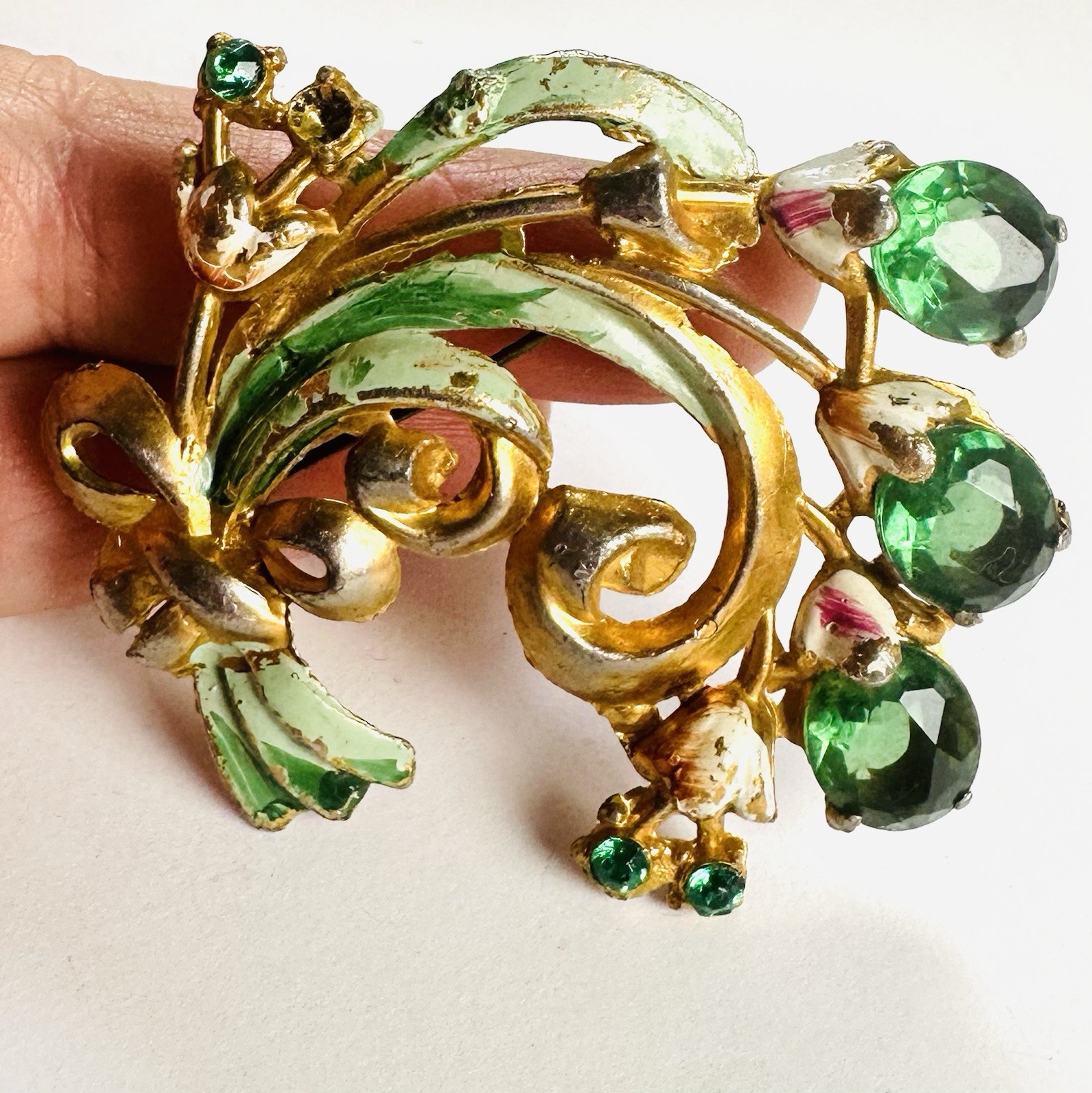 VTG Fred Gray Coro Rhinestone Hand Painted Brooch Pin -enamel wear + Unsigned