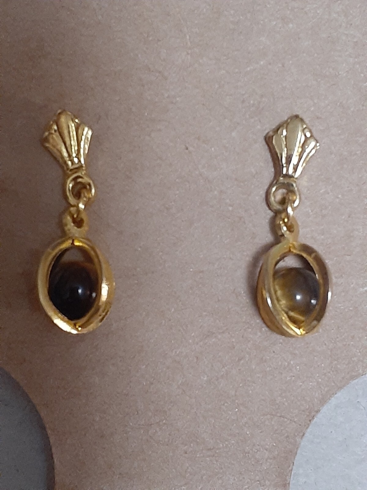 Dainty Tiger’s eye gemstone caged gold tone dangle drop earrings