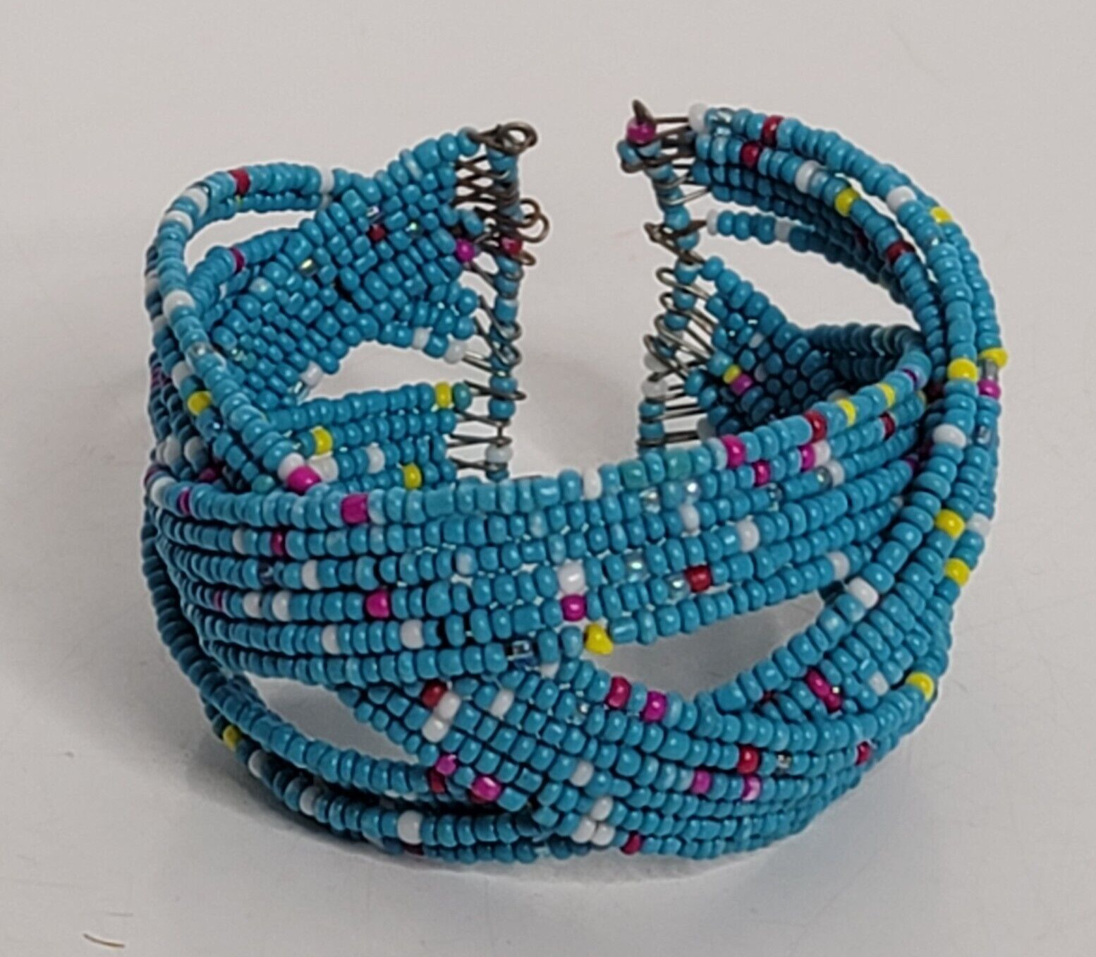 Wide Seed Bead Wrap Bracelet Open Cuff Blue Cultural Southwestern