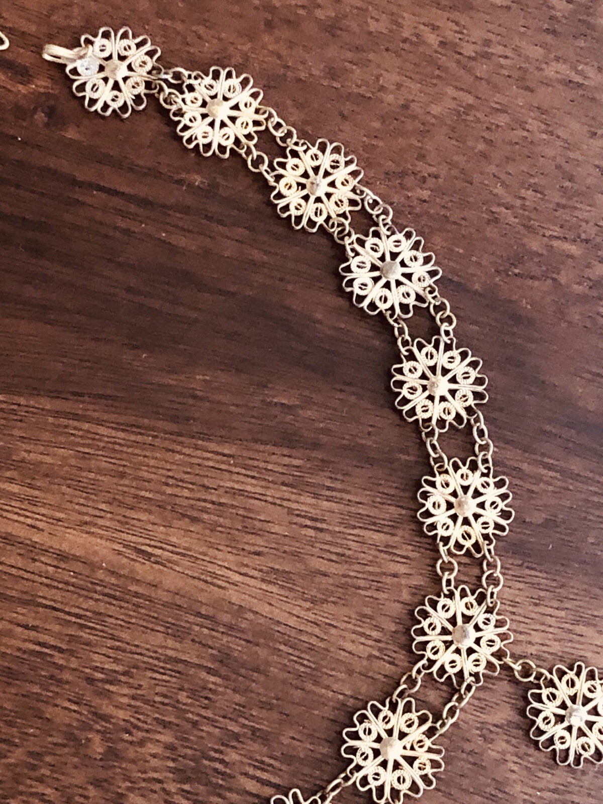 Vtg Intricate filigree Wire Vermeil Gilt Brass Dangled Necklace/Bracelet Set