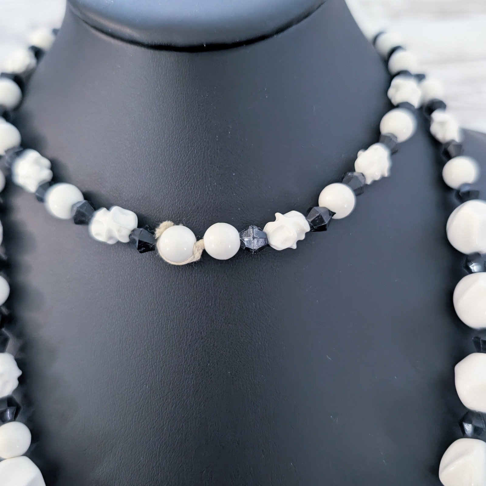 Vintage Necklace Statement Unusual Cream & Black Very Long Can Be Layered