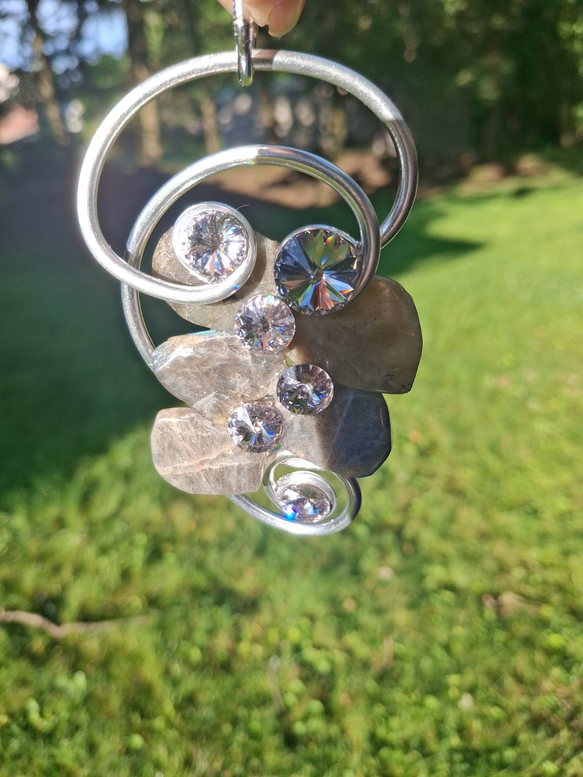 Jeff Lieb Mixed Media Modernist Abstract Swarovski Crystal Moonstone Pendant 4″