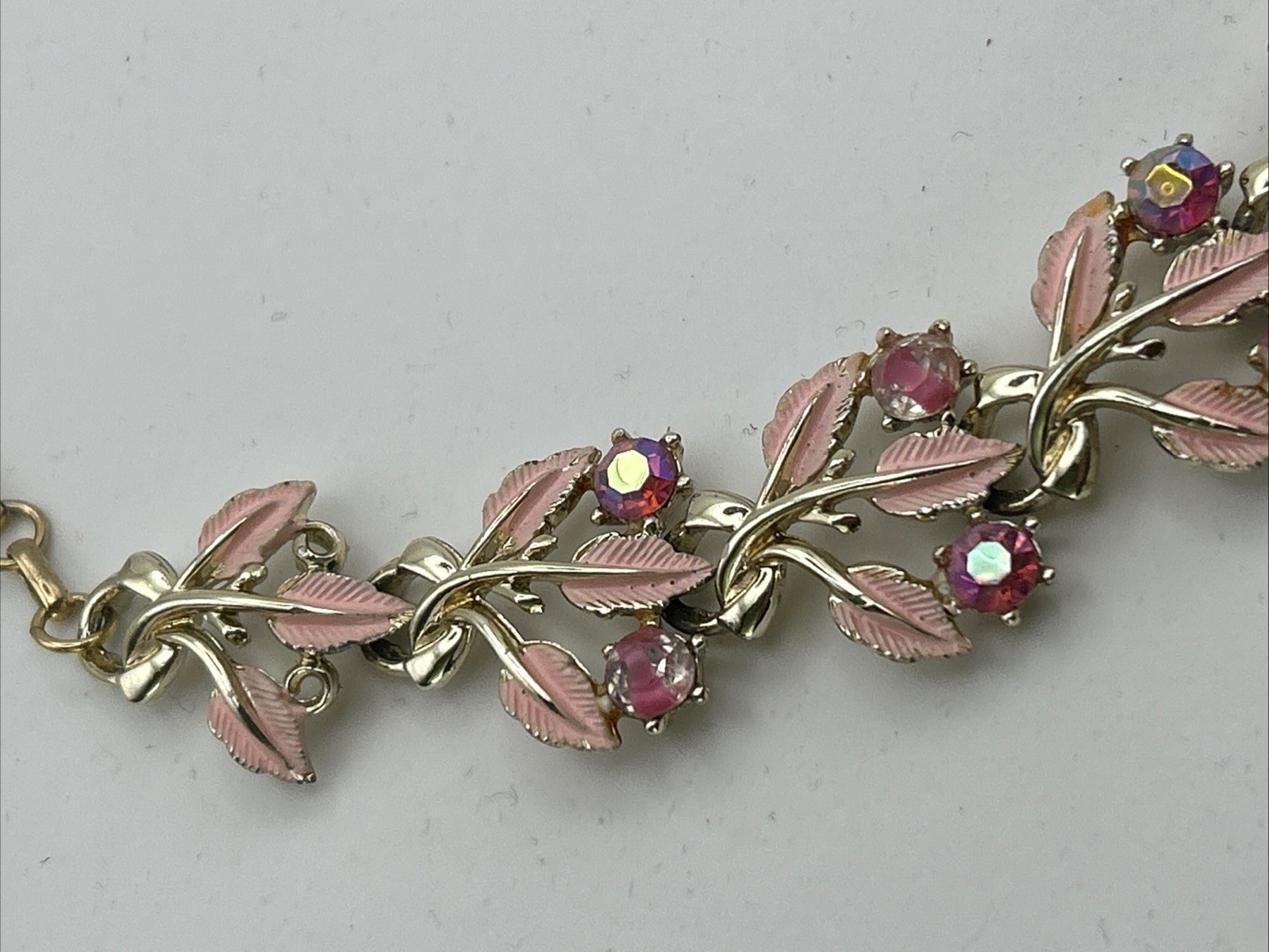 Coro Necklace Mid-Century Gold Pink Leaves W/ Pink Rhinestone Flowers Choker