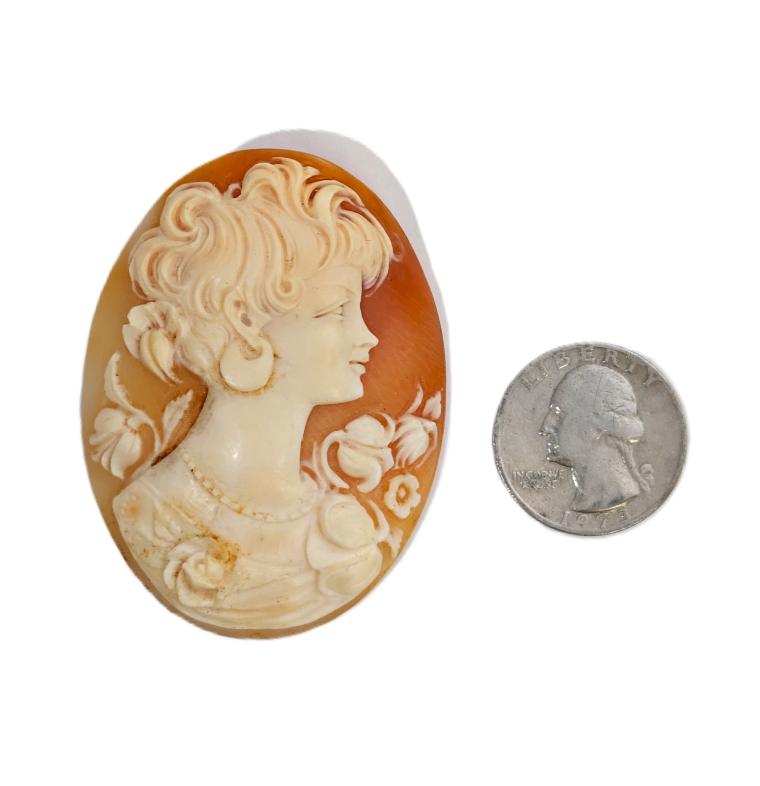 Vintage Large Carved Shell Cameo, 2-3/8”long X 1-7/8” Wide
