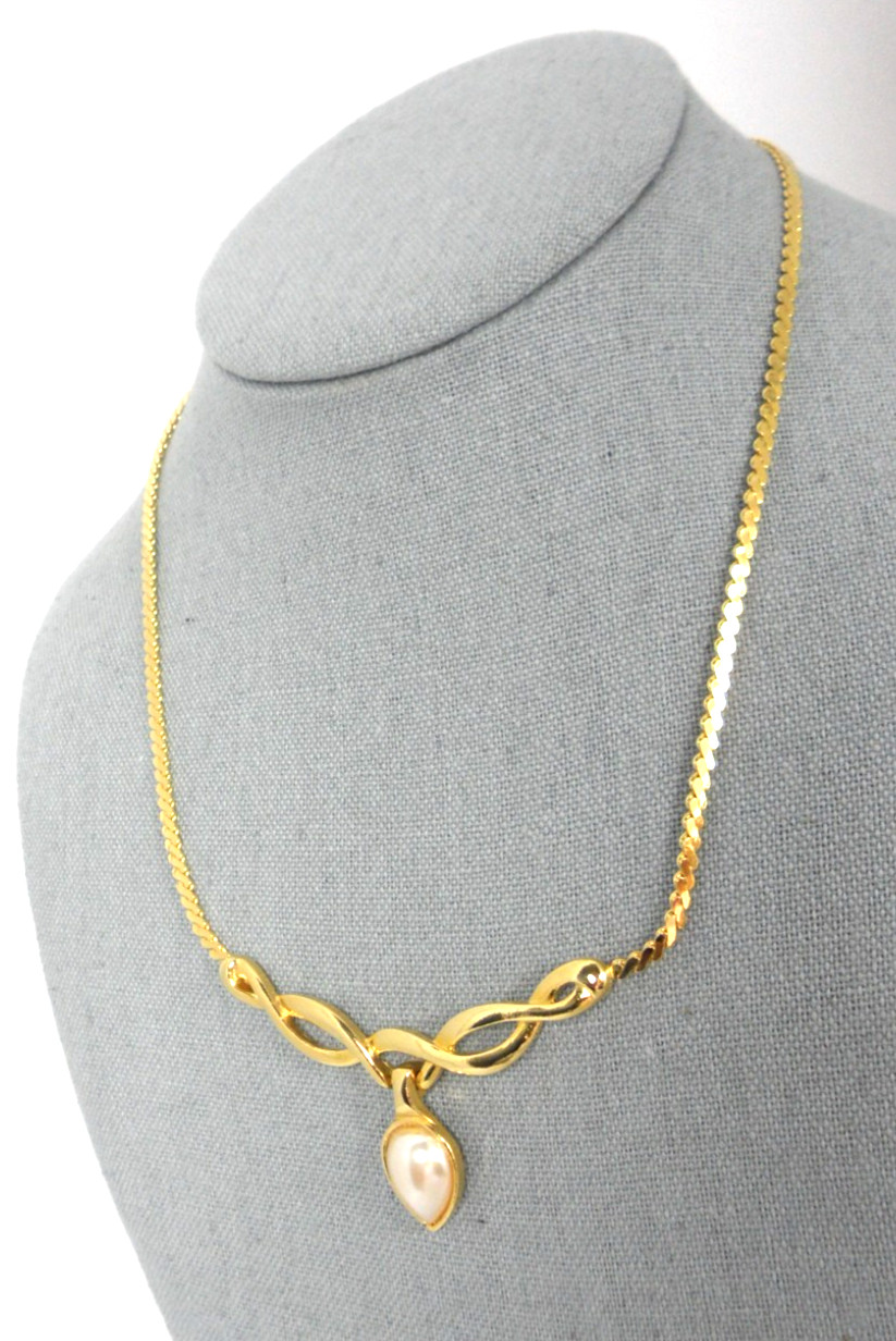 Victorian Revival Scroll Necklace Faux Pearl Drop Cobra Chain Choker Granny Core